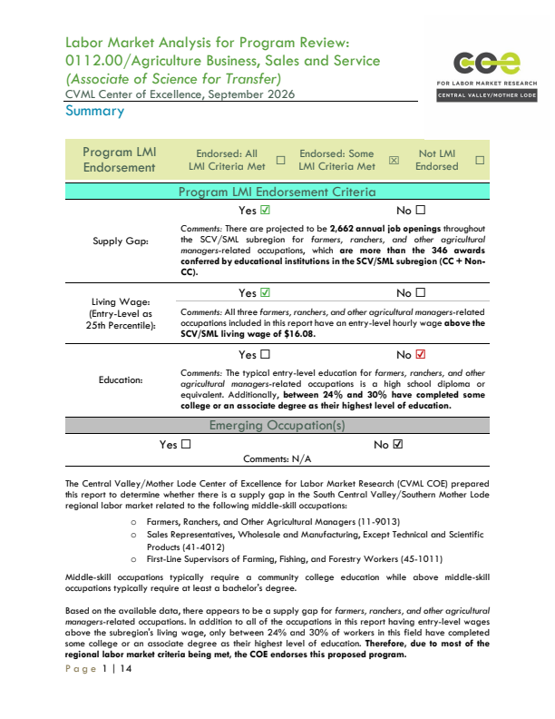 Agriculture Business, Sales, and Service Occupations